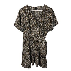 SHEIN Dress Women Short Sleeve Mini Ruffle V Neck Wrap Style Black Brown 12 Boho